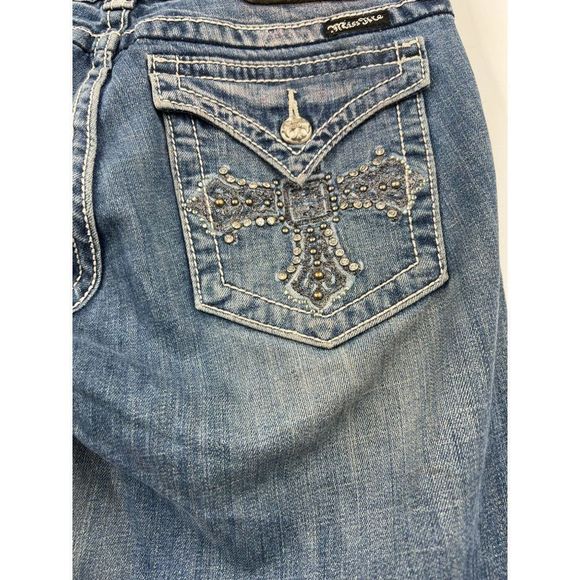 Miss Me Crop Capri Denim Jeans Dark Stone Wash Cross Flap Blue Rhinestone Sz 30 - Picture 8 of 10